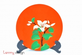 Orange round lacquer dish attached with eggshell Ban flower 30 cm( not included with stand)